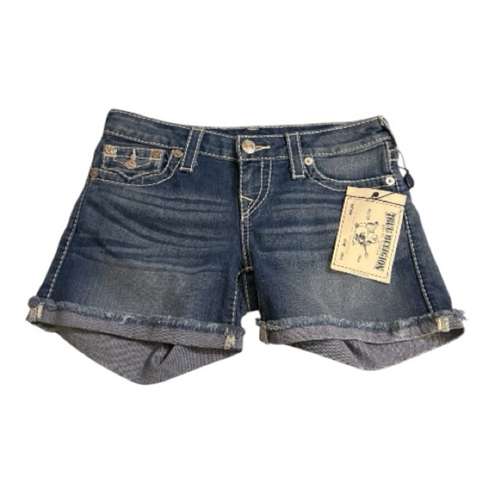 True Religion Big T Denim Shorts 26 NWT Dark Wash Cuffed Stretch